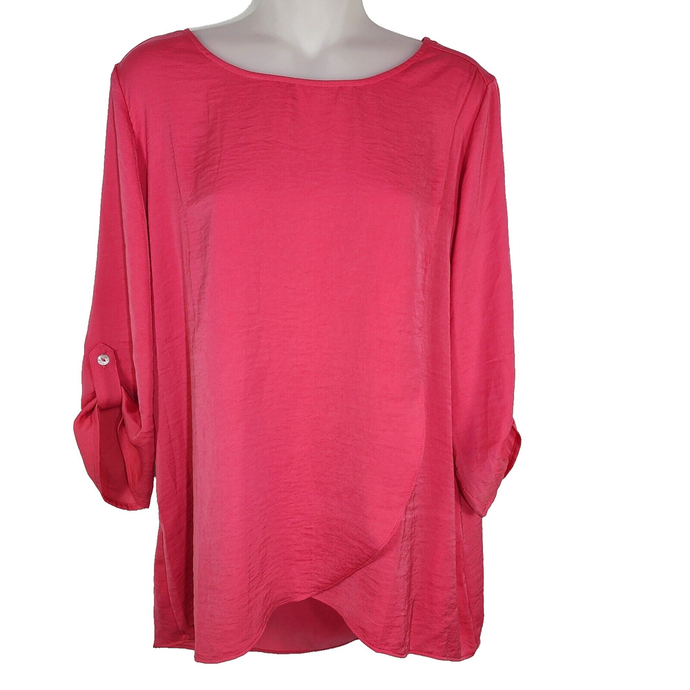 Chico's Womens Top Size 1 Medium Pink Tulip Front 3/4 Roll Tab Sleeve Scoop Neck